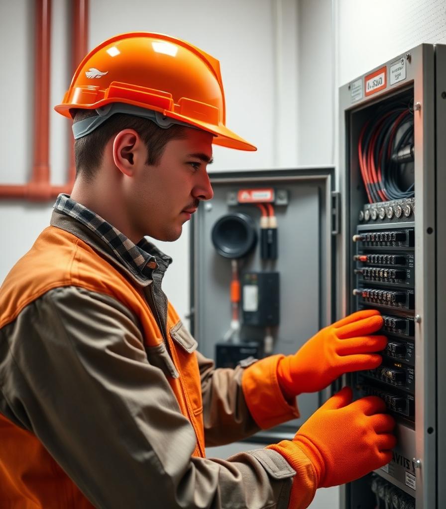 Geprüfter Schweizer Handwerker bei der Arbeit an einem Sicherungskasten
