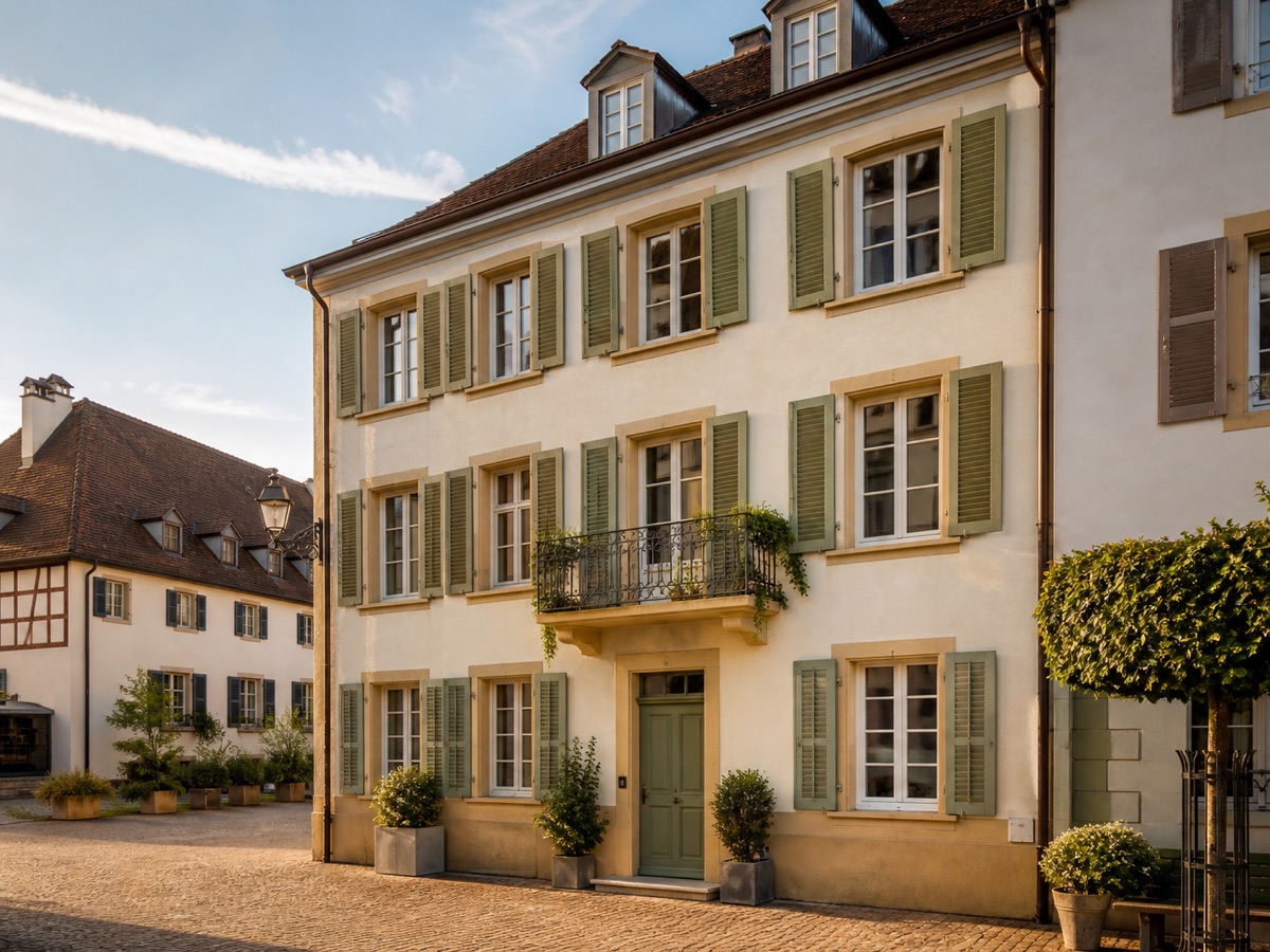Historisches Stadthaus mit grünen Fensterläden