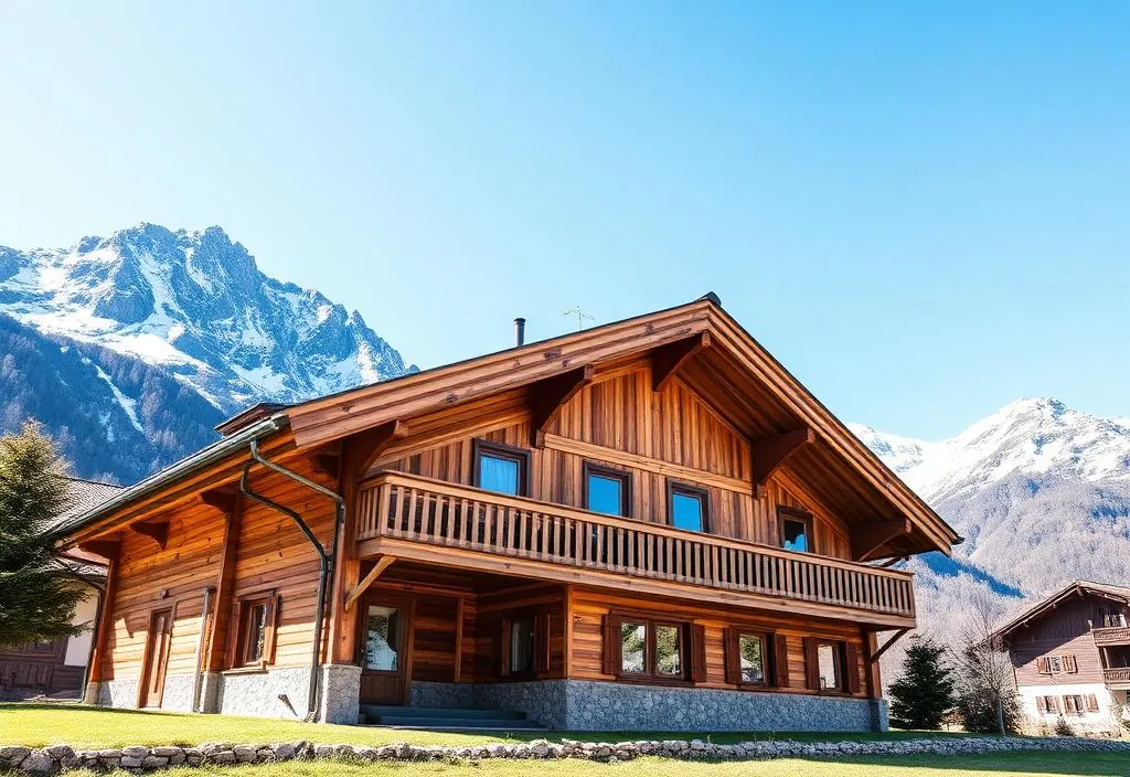 Holzchalet mit Balkon vor schneebedeckten Bergen